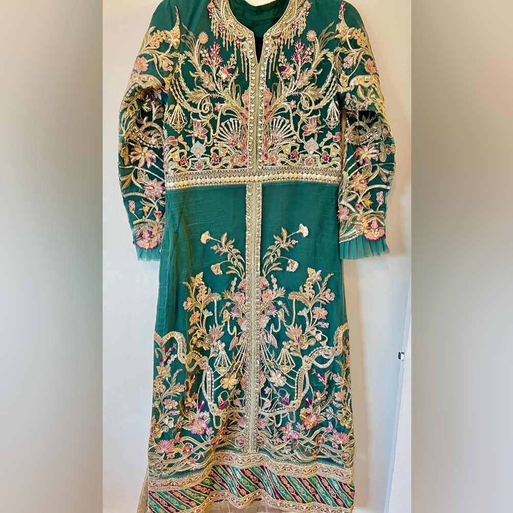 Maryam Hussain Teal Embroidered Wedding Dress